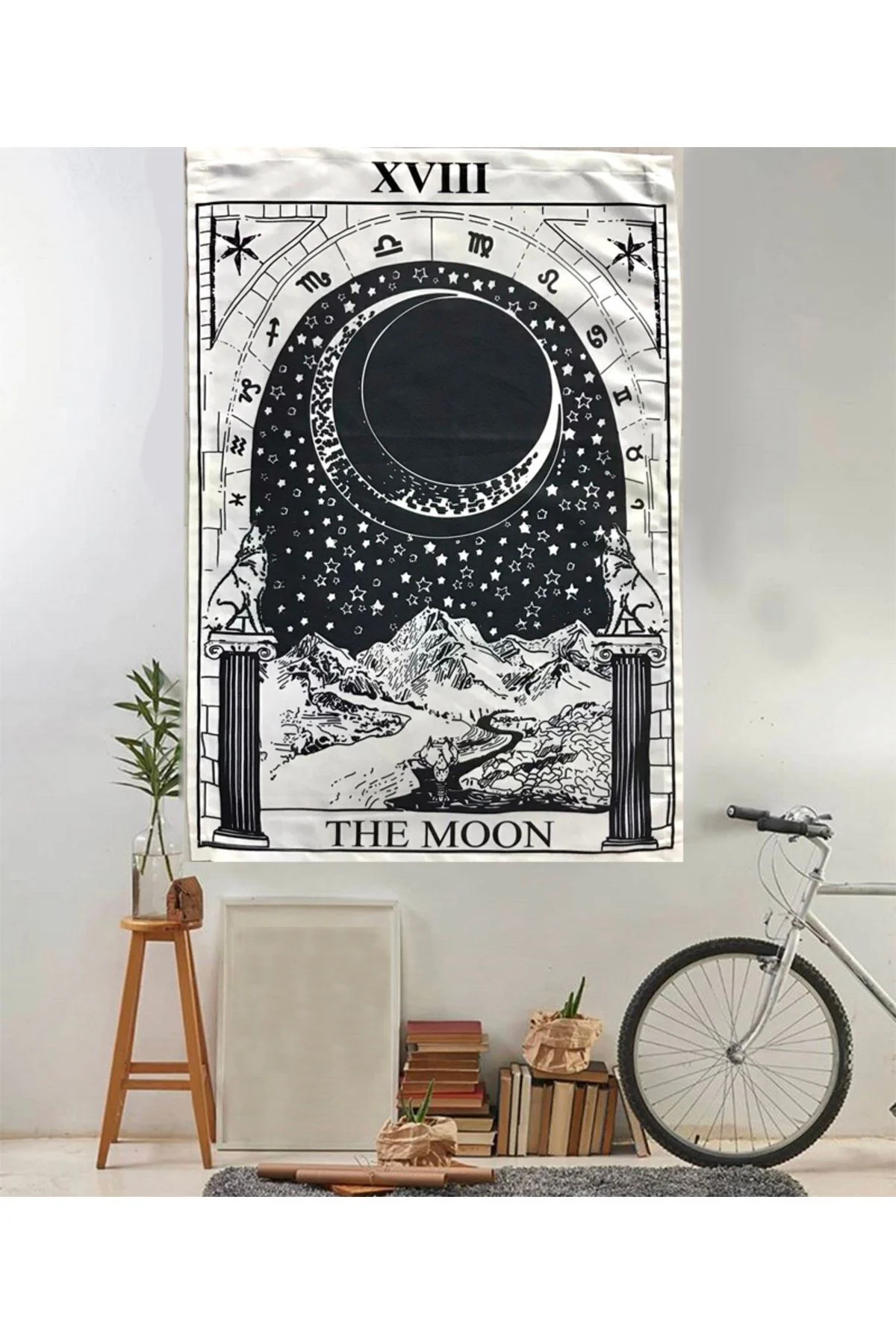 70 X 100 Cm The Moon Zodiac Beyaz Siyah Duvar Halısı