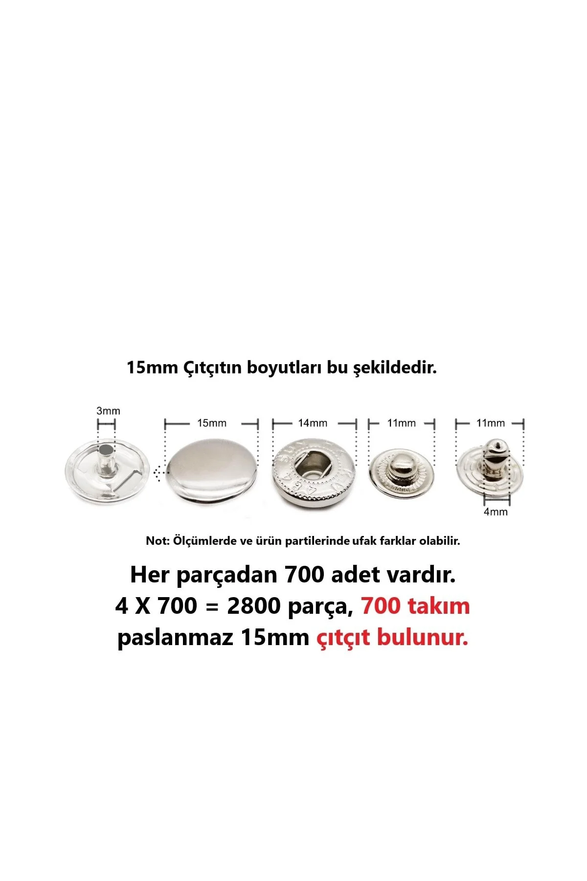 700 Adet 15mm Paslanmaz Büyük Çıtçıt (kalıpsızdır) [nikel/gümüş R