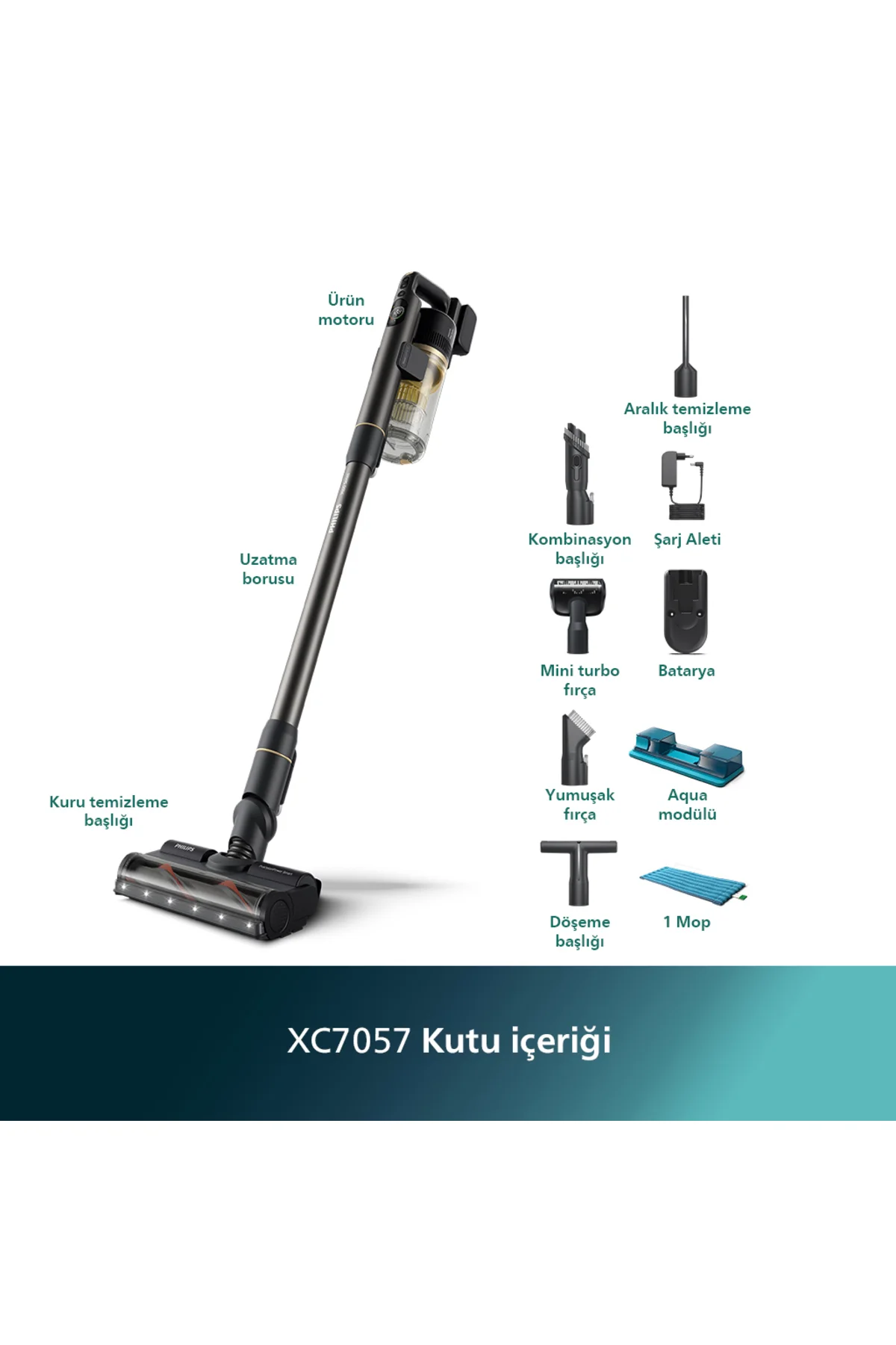 7000 Serisi Aqua 25.2 V Kablosuz Dik Süpürge, PowerCyclone 12, 80 dk'ya Kadar Şarj, XC7057/01