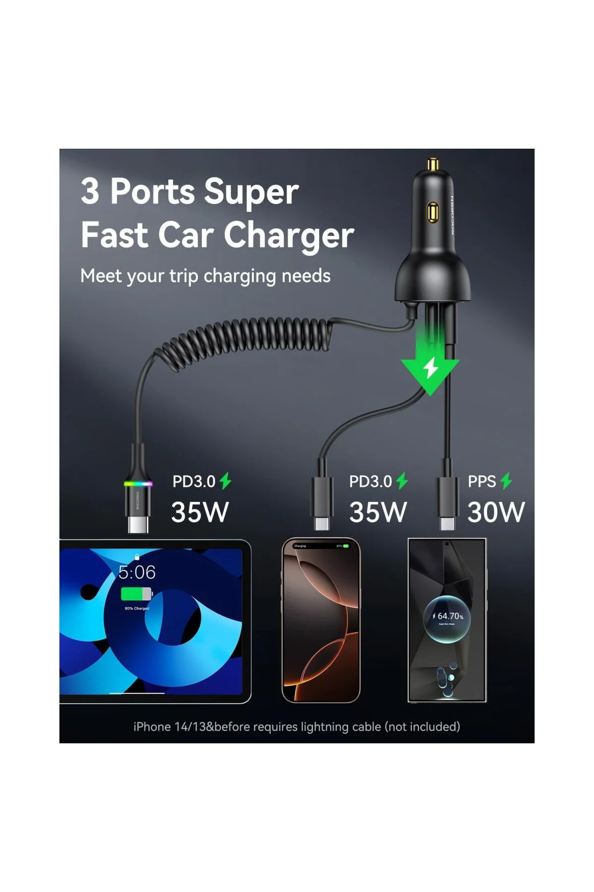 70W 3 Portlu 2*Type-C 1*USB-A Spiral Kablolu LED Işıklı Araç İçi Hızlı Şarj Cihaz