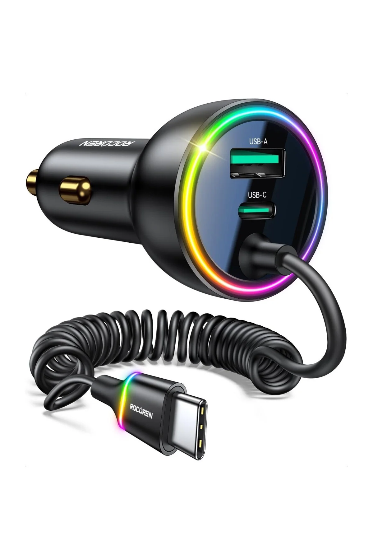 70W 3 Portlu 2*Type-C 1*USB-A Spiral Kablolu LED Işıklı Araç İçi Hızlı Şarj Cihaz