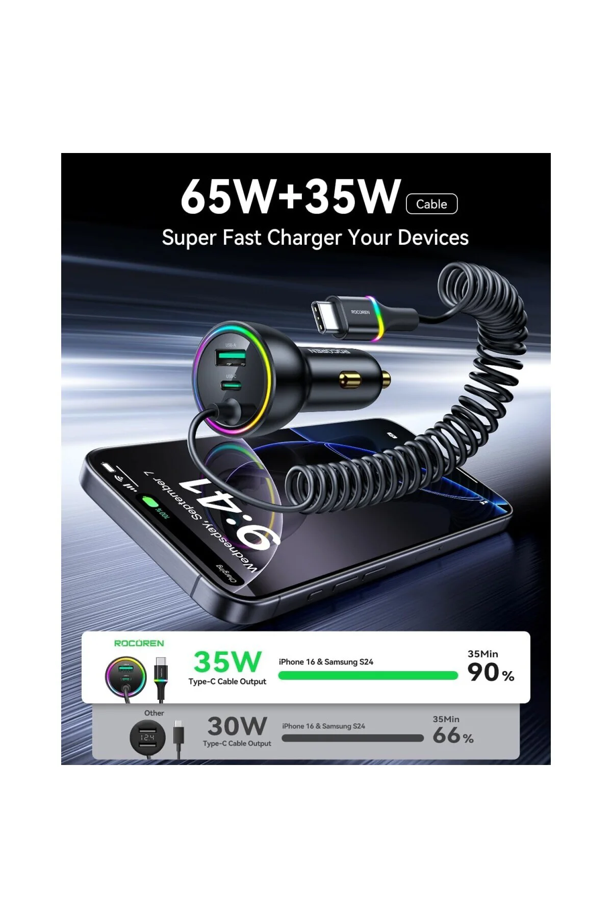 70W 3 Portlu 2*Type-C 1*USB-A Spiral Kablolu LED Işıklı Araç İçi Hızlı Şarj Cihaz