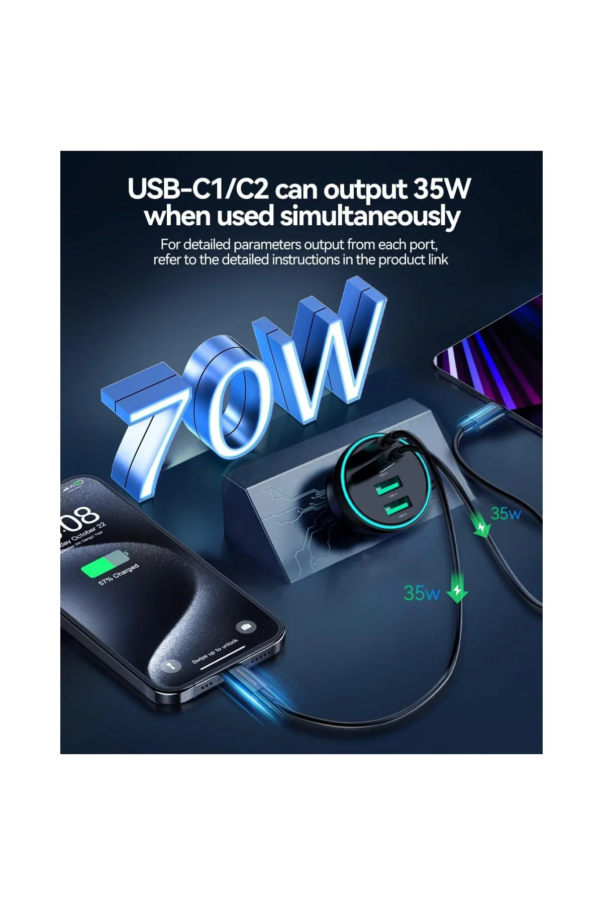 70W 4 Portlu 2*Type-C 2*USB-A LED Işıklı Araç içi Hızlı Şarj Cihazı