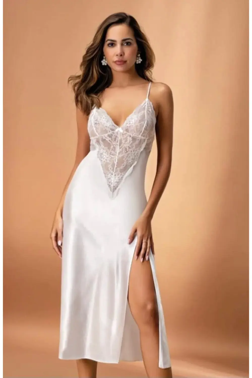 7136 Kadın Saten Uzun Gecelik