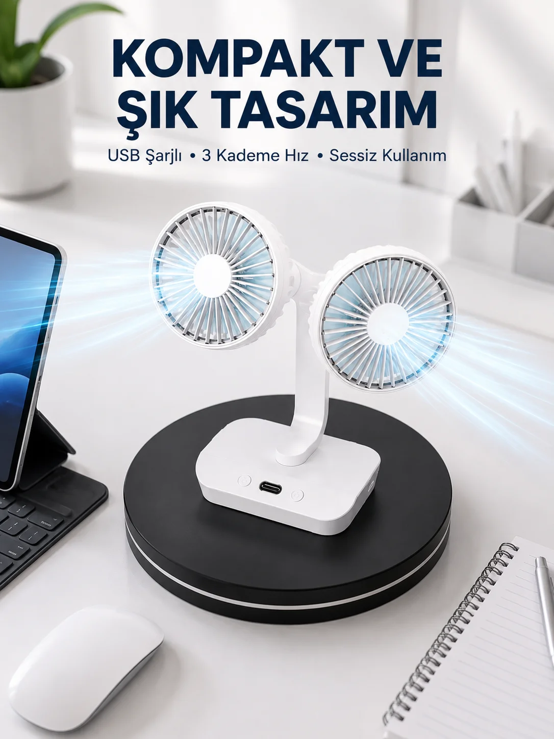 720° Döner Çift Taraflı Masaüstü Vantilatör – USB Şarjlı Sessiz Fan