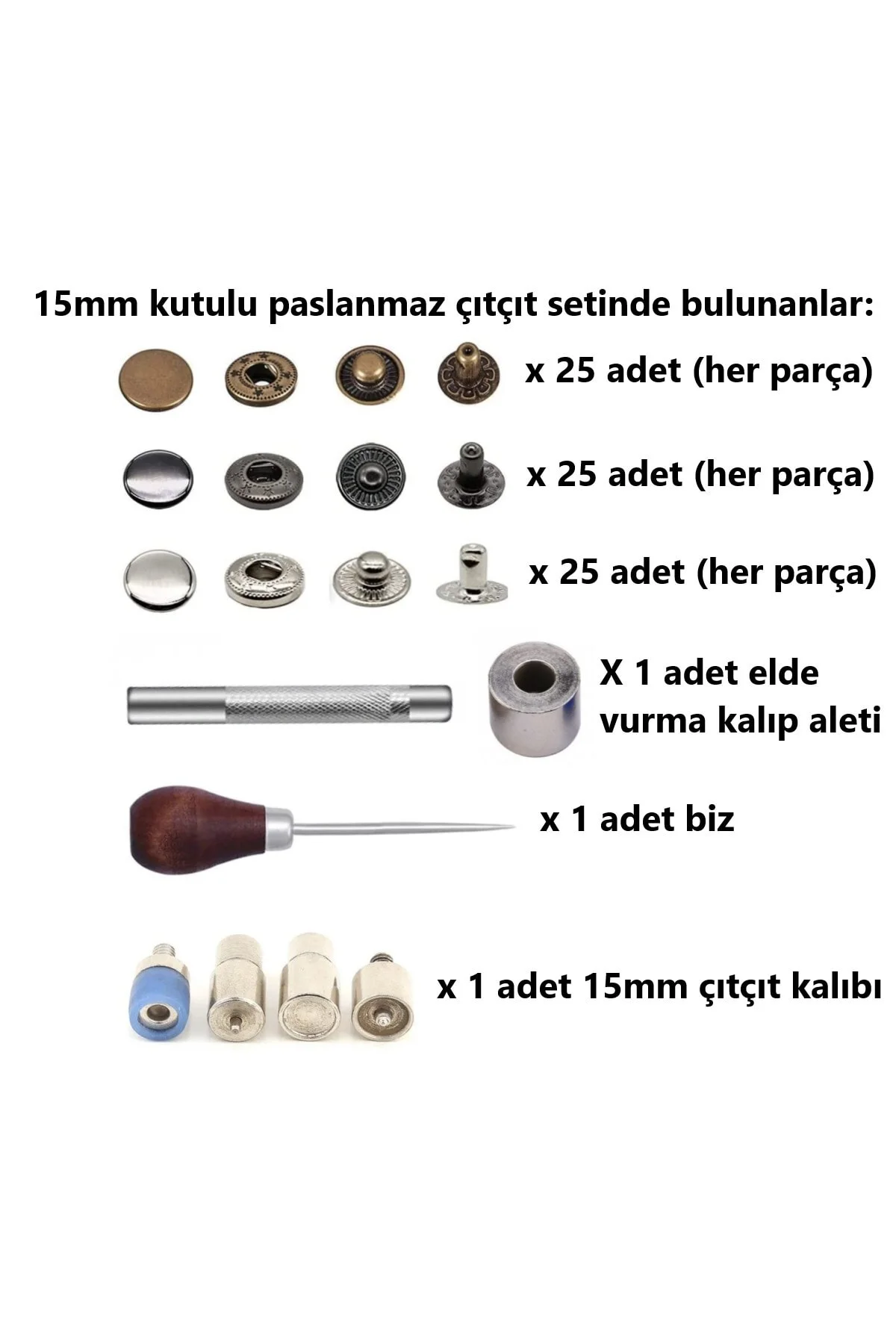 75 Adet 15mm Kutulu Paslanmaz Çıtçıt Yapım Seti - Aparatlar, Biz 