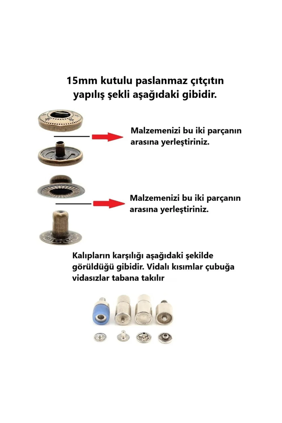 75 Adet 15mm Kutulu Paslanmaz Çıtçıt Yapım Seti - Aparatlar, Biz 