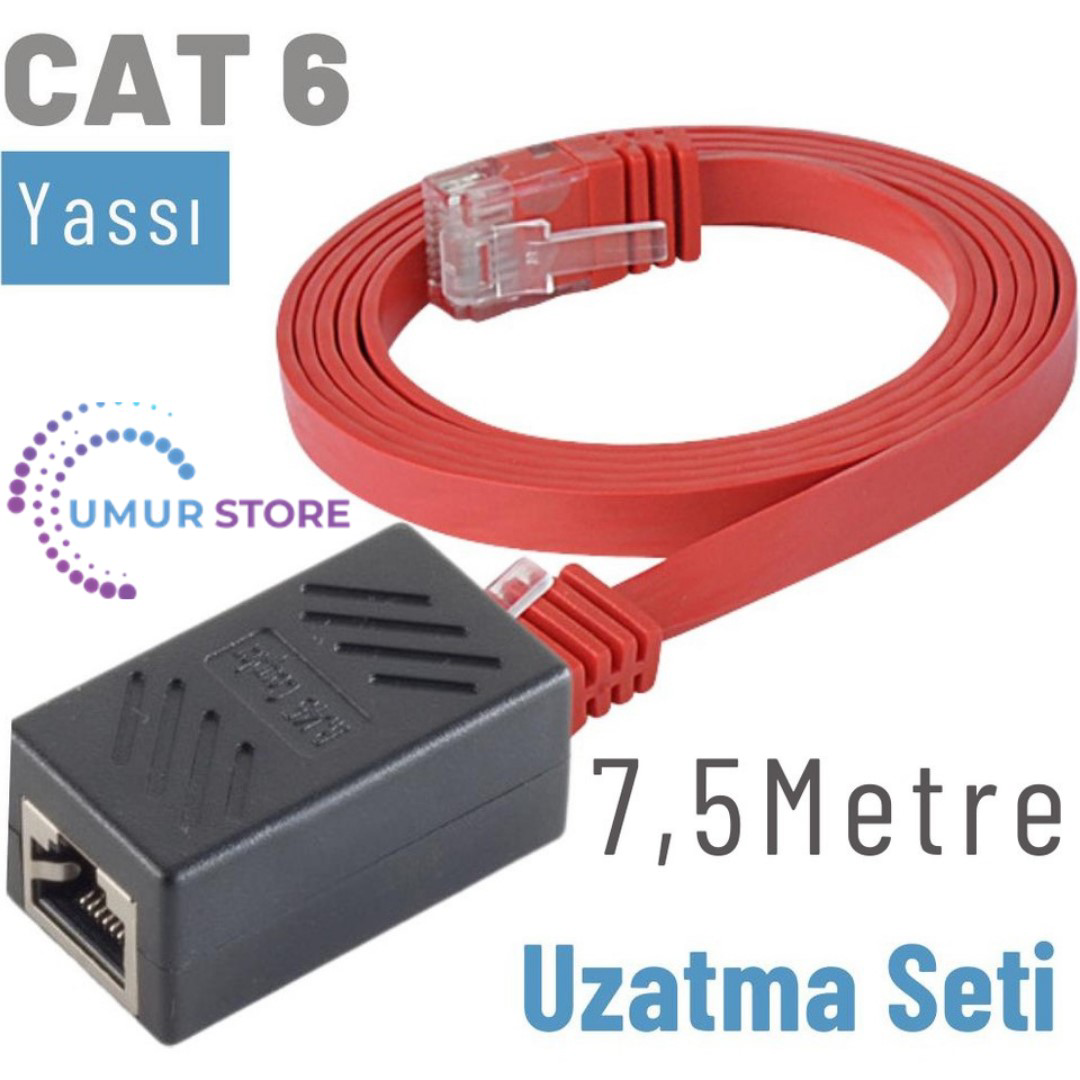 7,5 Metre Cat6 Kablo Uzatma Seti, Yassı Ethernet Kablo ve Ekleyic 7,5 Metre Cat6 Kablo Uzatma Seti, Yassı Ethernet Kablo ve Ekleyic