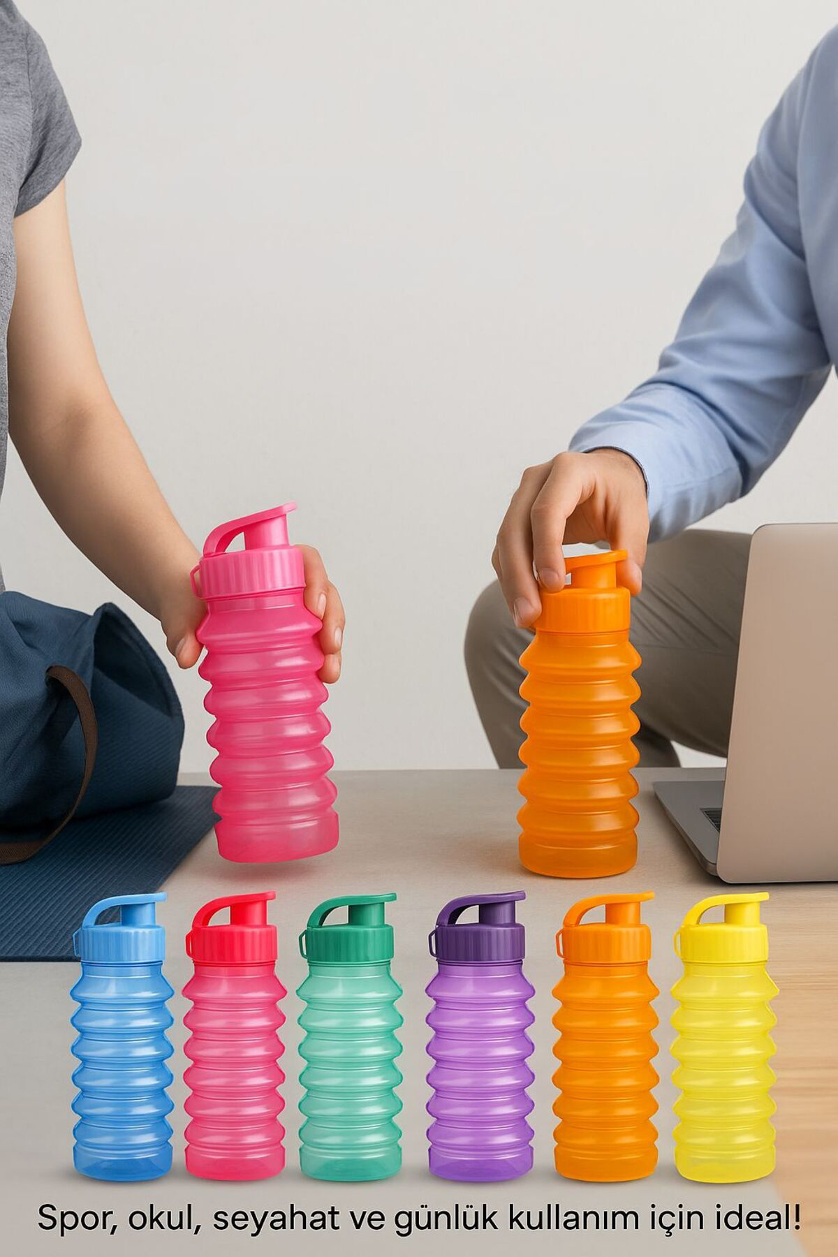 750 ml Renkli Kapaklı Plastik Sporcu Su Matarası – Taşınabilir Şe