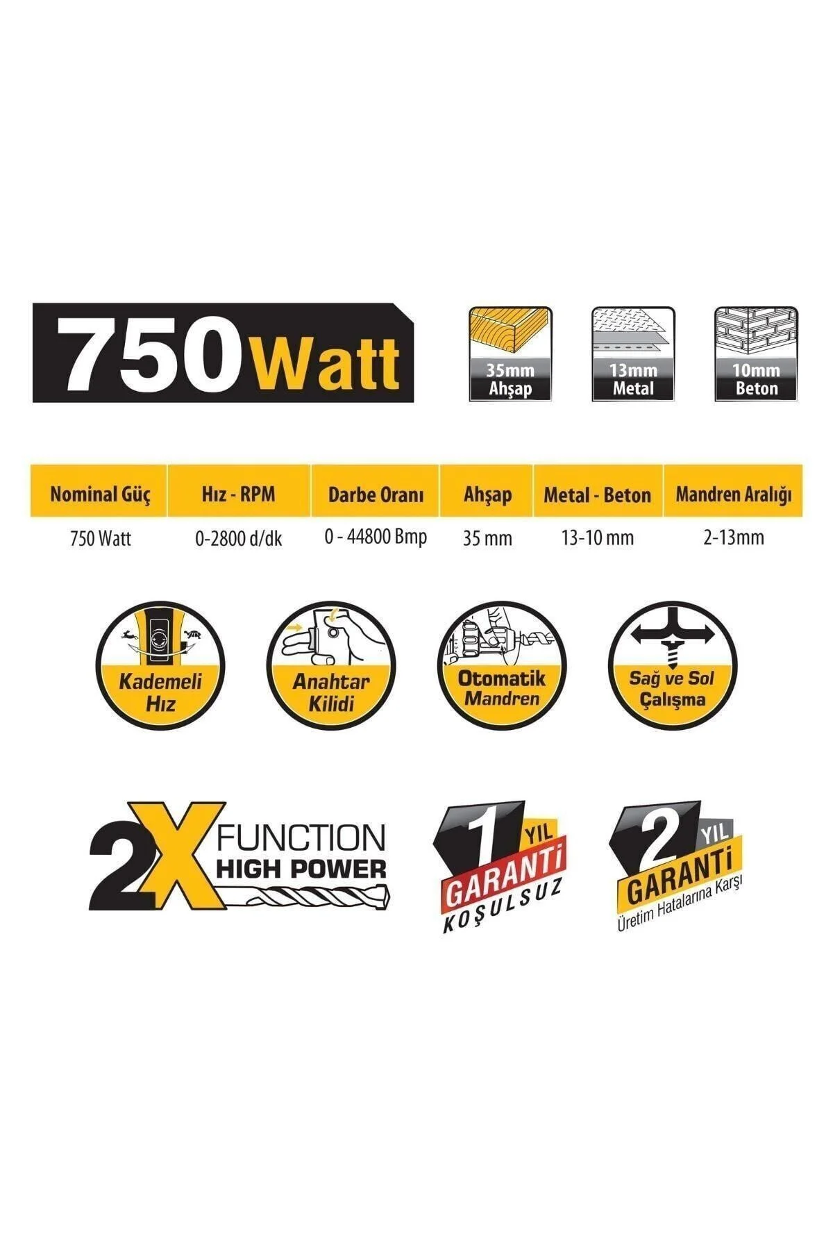 750 Watt Güçlü Darbeli Matkap, Devir Ayarlı, Çok Amaçlı Vidalama ve Delme Aleti