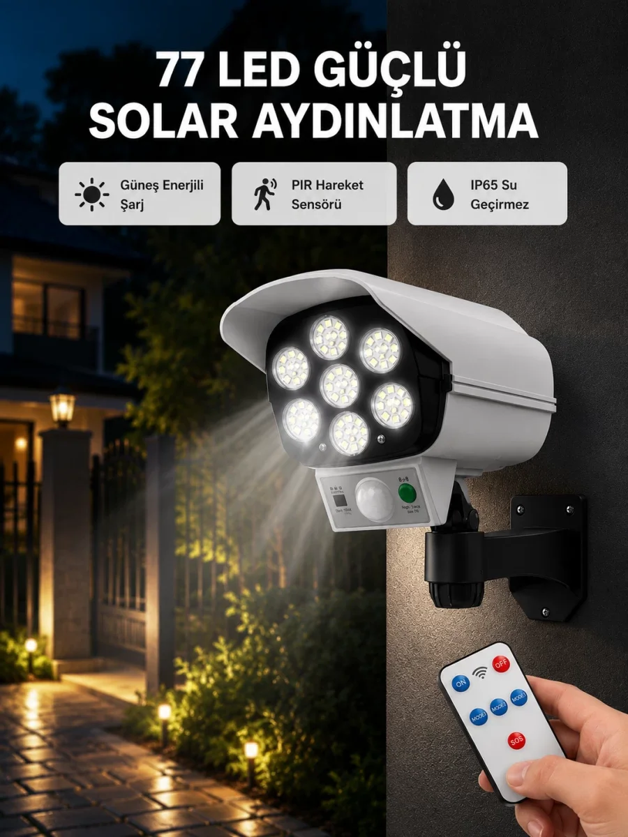 77 LED'li Güneş Enerjili Güvenlik Lambası ve Kukla Kamera – Hareket Sensörlü, 2400mAh Pilli - Lisinya