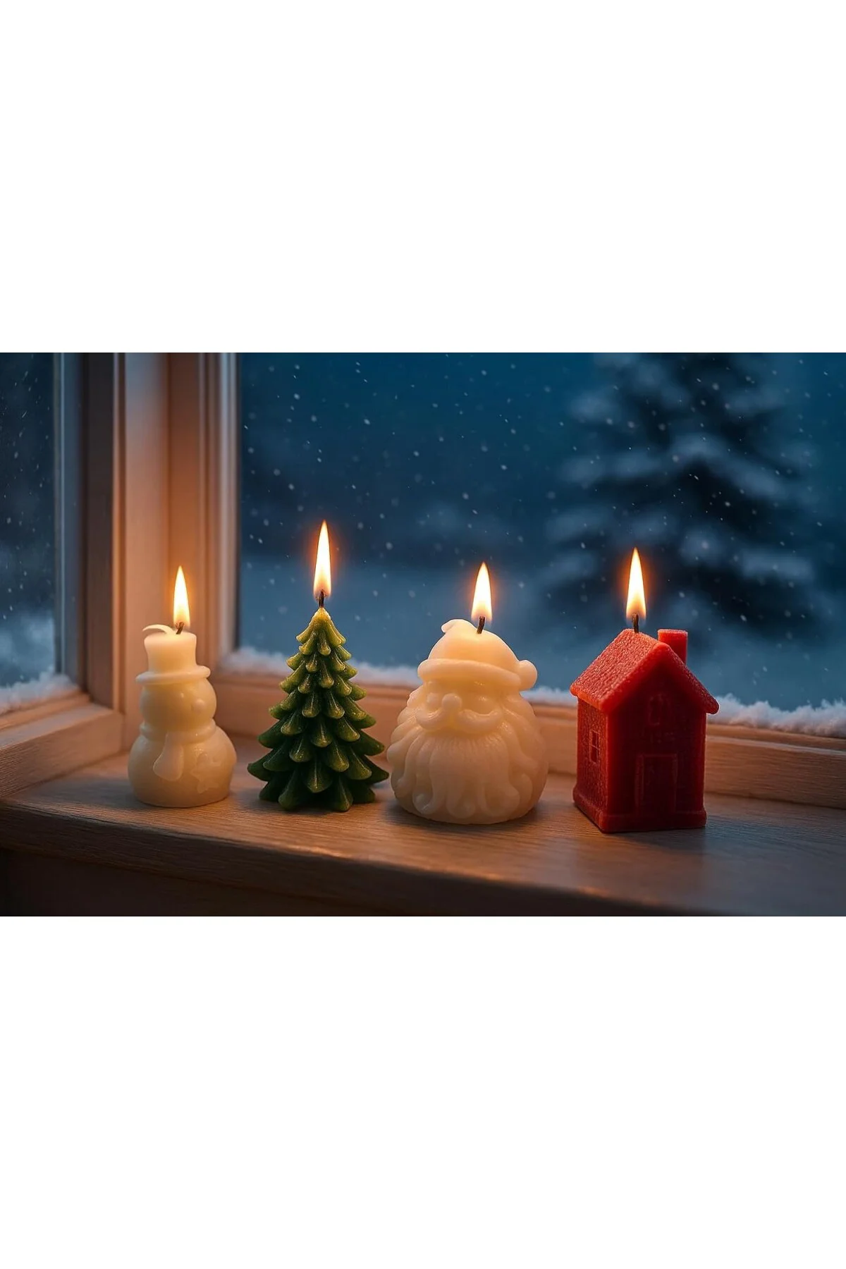 7cm 4'lü Set Noel Temalı Dekoratif Mum Seti – Çam Ağacı, KardanAd