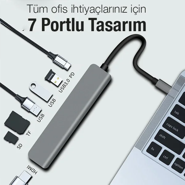 7in1 USB 3.1 Type-C HUB - 4K HDMI, 3 USB, SD/TF Kart Okuyucu, Alüminyum
