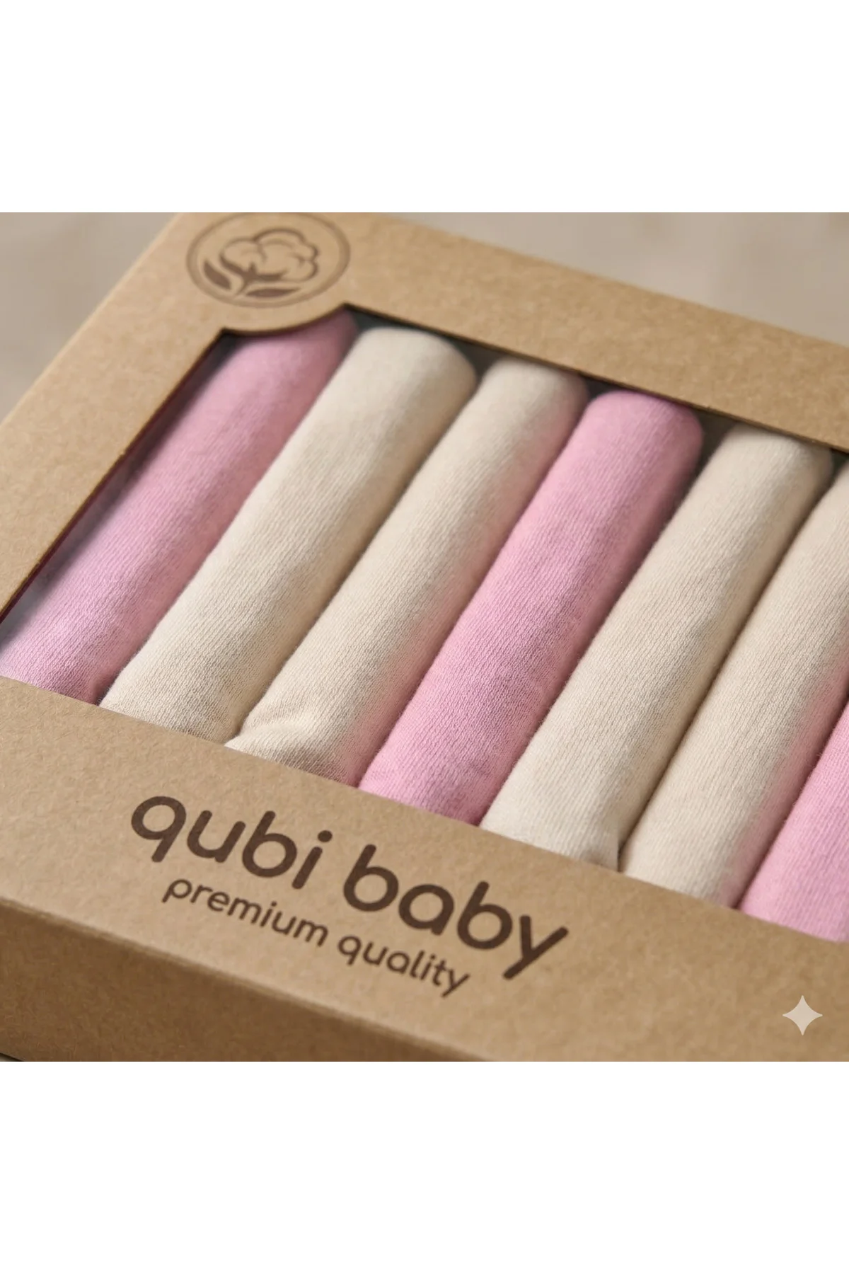 7’li %100 Pamuk Müslin Bebek Ağız Mendili – Pembe & Bej Tonlu Kutulu Hediyelik Set
