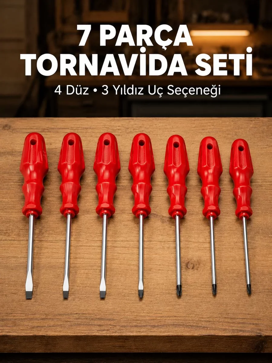 7'li Düz ve Yıldız Tornavida Seti Çelik Manyetik Uçlu - Ergonomik Tekerlekli Saplı Kaymayı Önleyen Çözüm