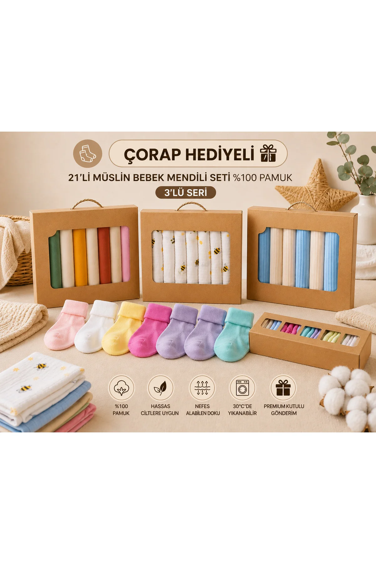 7’li Müslin Bebek Mendili Seti + Çorap Hediyeli %100 Pamuk Premium Kutulu Seri 7’li Müslin Bebek Mendili Seti + Çorap Hediyeli %100 Pamuk Premium Kutulu Seri