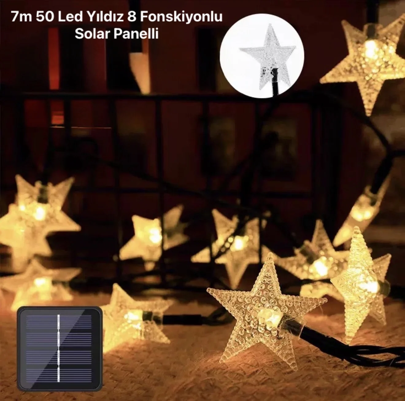 7m 50 Led Yıldız 8 Fonksiyonlu Solar Panelli-gün Işığı 7m 50 Led Yıldız 8 Fonksiyonlu Solar Panelli-gün Işığı