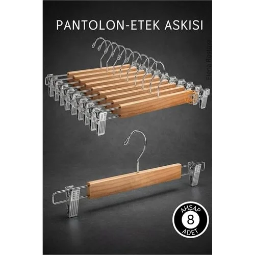 8 Adet Ahşap Pantolon Etek Askısı - Ayarlanabilir Gümüş Mandallı 