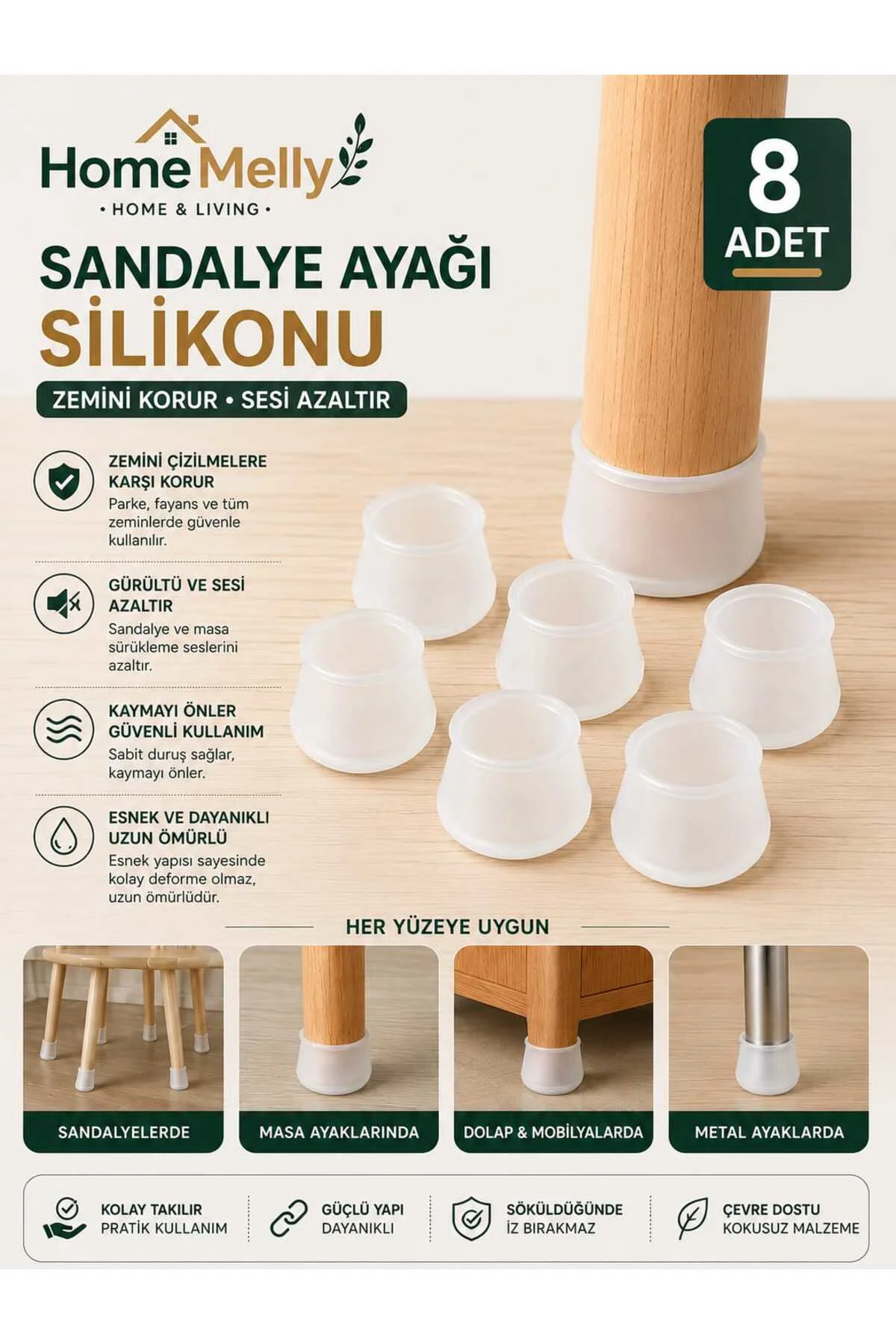 8 Adet Silikon Sandalye Ayak Koruyucu Kaydırmaz Zemin Çizilmez Masa Mobilya Ayağı Koruma