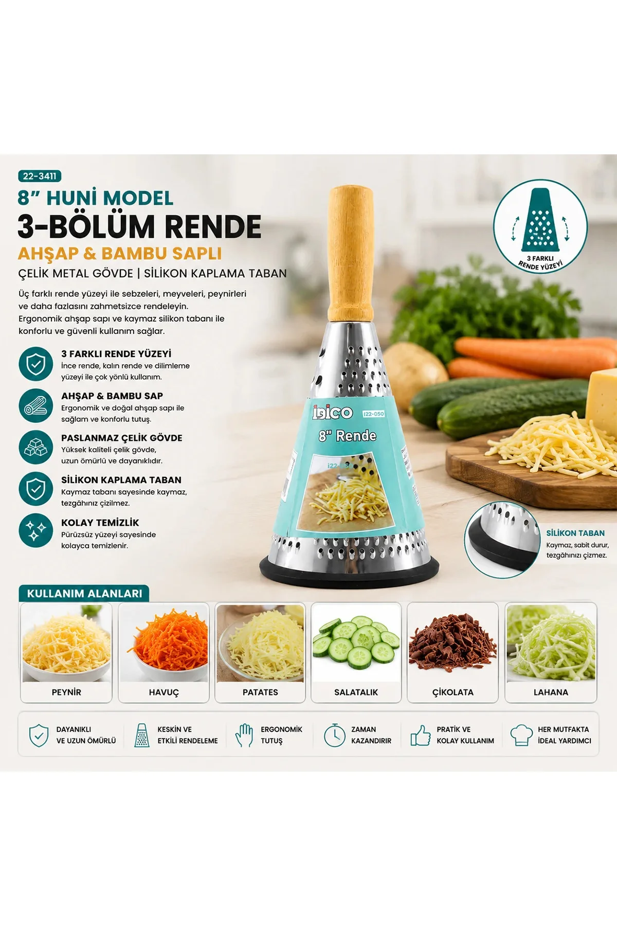 8" Ahşap & Bambu Saplı Çelik Rende (Silikon Taban, 3 Bölümlü) 8" Ahşap & Bambu Saplı Çelik Rende (Silikon Taban, 3 Bölümlü)