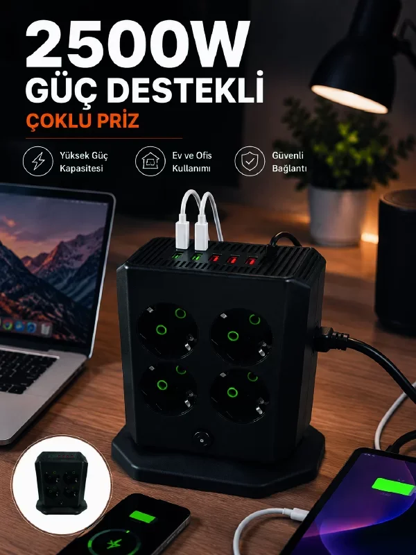 8 Çıkışlı Dikey Priz Kulesi 4 USB 2 Type-C ile Güvenli ve Pratik Elektrik Çözümü