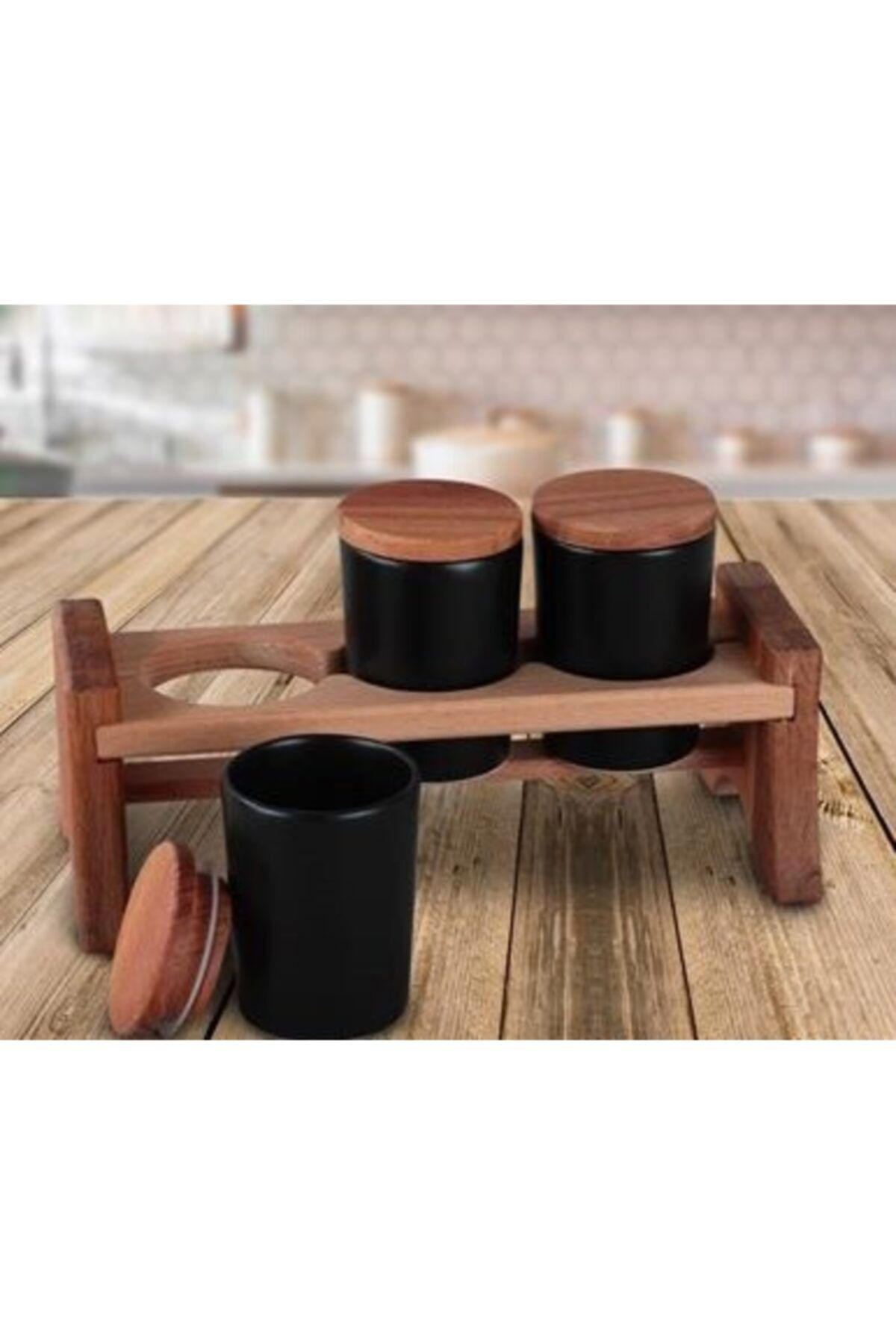 Keramika 8 Cm 3 Parça Ahşap Standli Baharatlik Siyah
