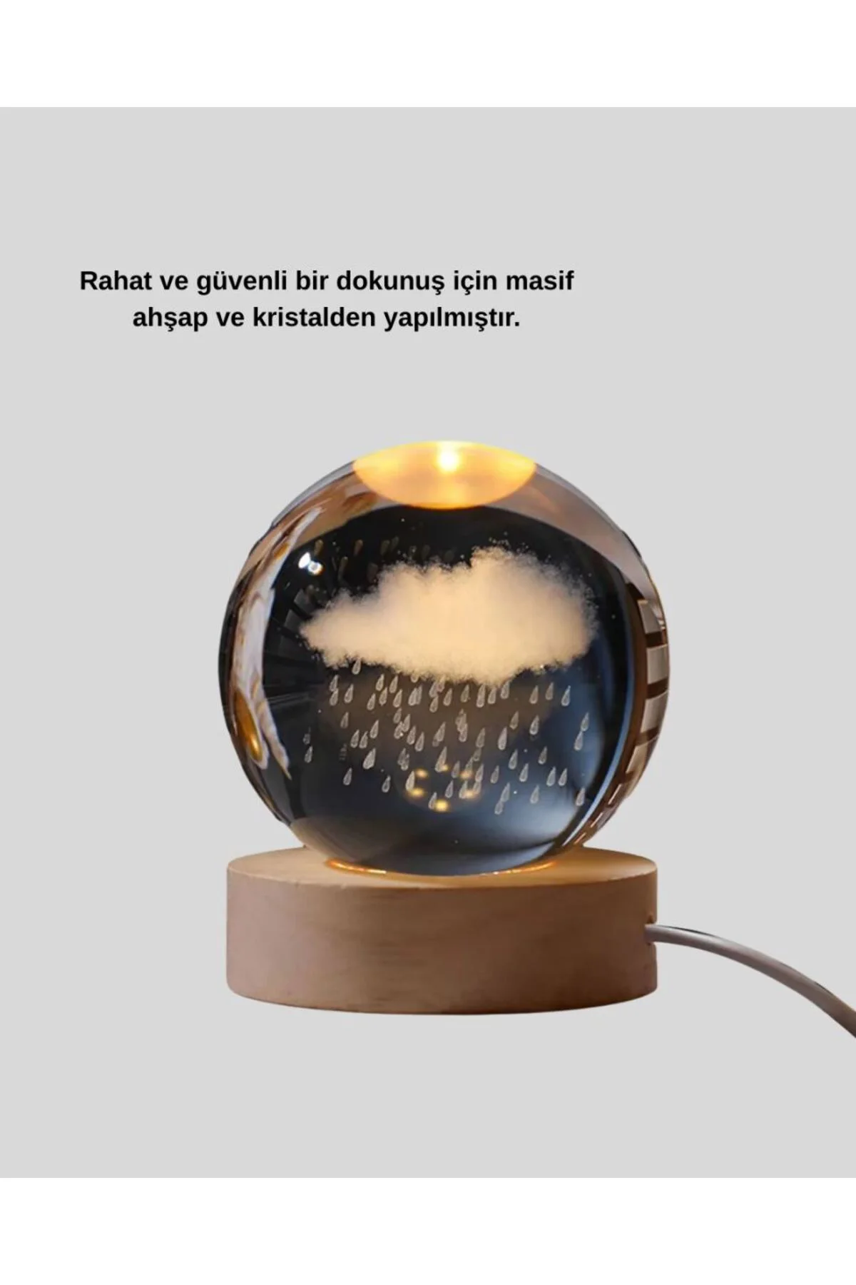 8 Cm 3d Yağmur Bulutu Kristal Küre Led Gece Lambası Ahşap Standlı