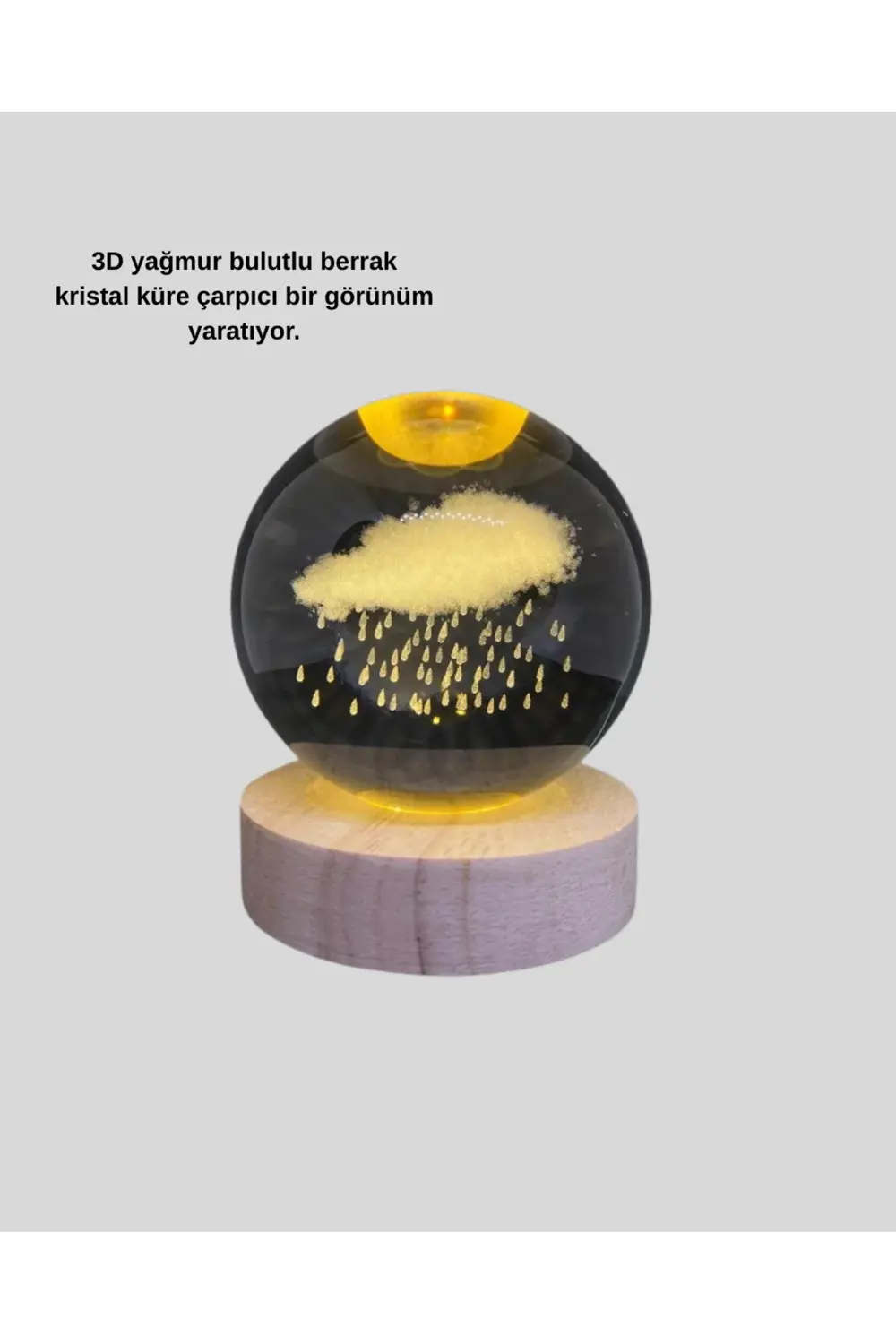 8 cm 3D Yağmur Bulutu Kristal Küre LED Gece Lambası Ahşap Standlı