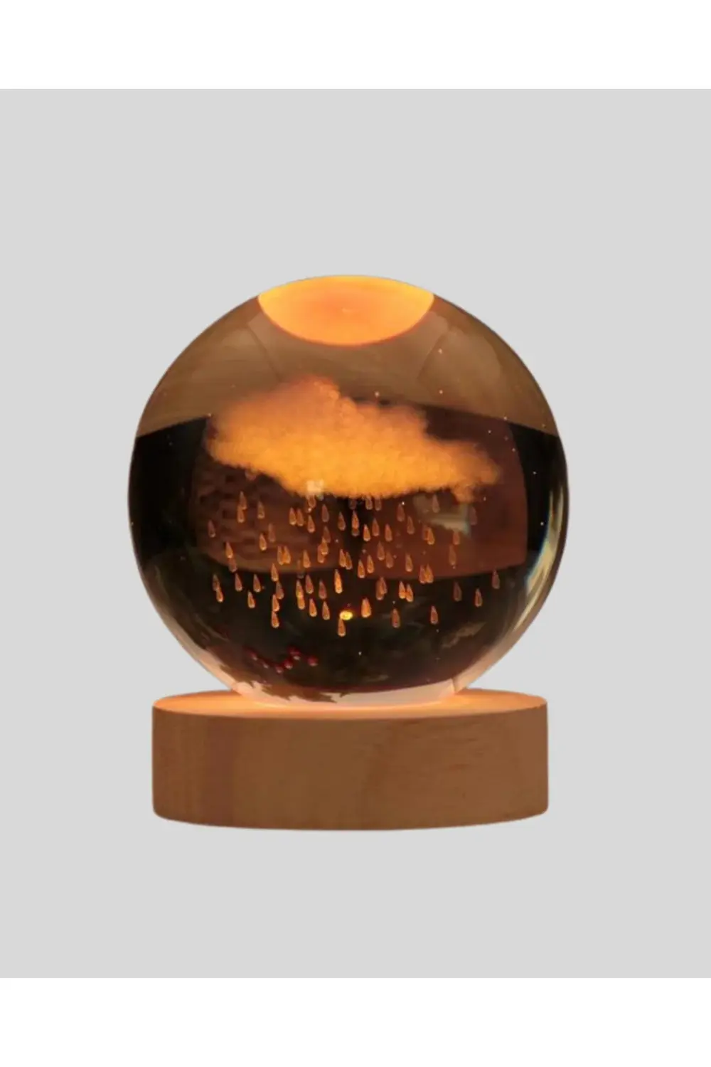 8 cm 3D Yağmur Bulutu Kristal Küre LED Gece Lambası Ahşap Standlı