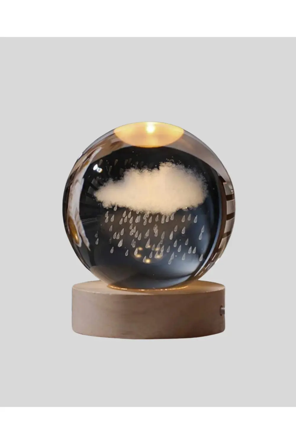 8 cm 3D Yağmur Bulutu Kristal Küre LED Gece Lambası Ahşap Standlı