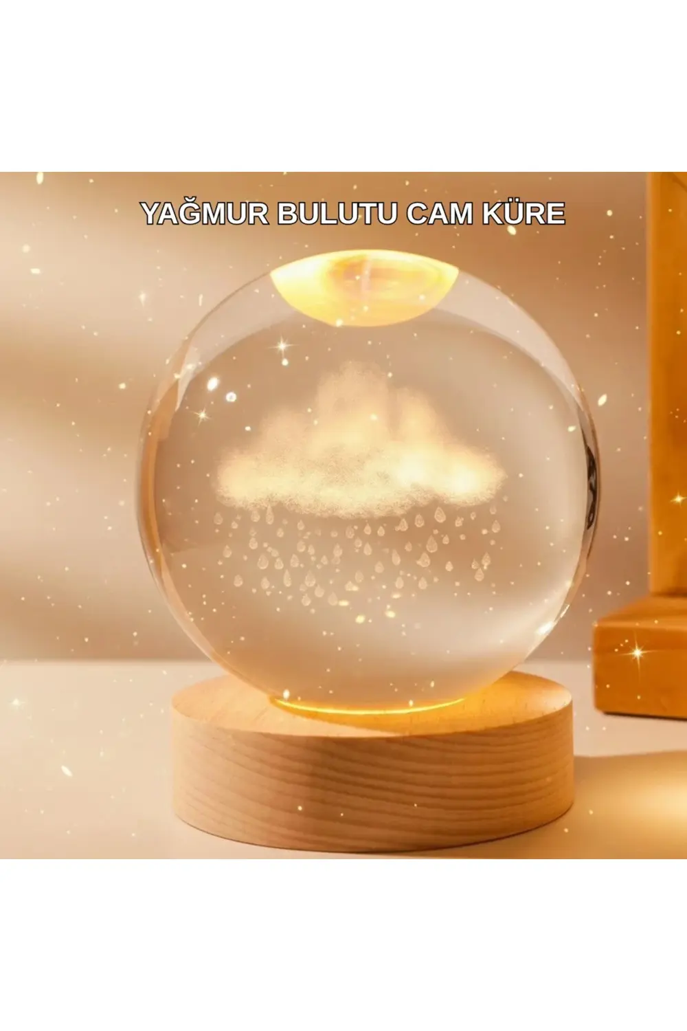 8 cm 3D Yağmur Bulutu Kristal Küre LED Gece Lambası Ahşap Standlı