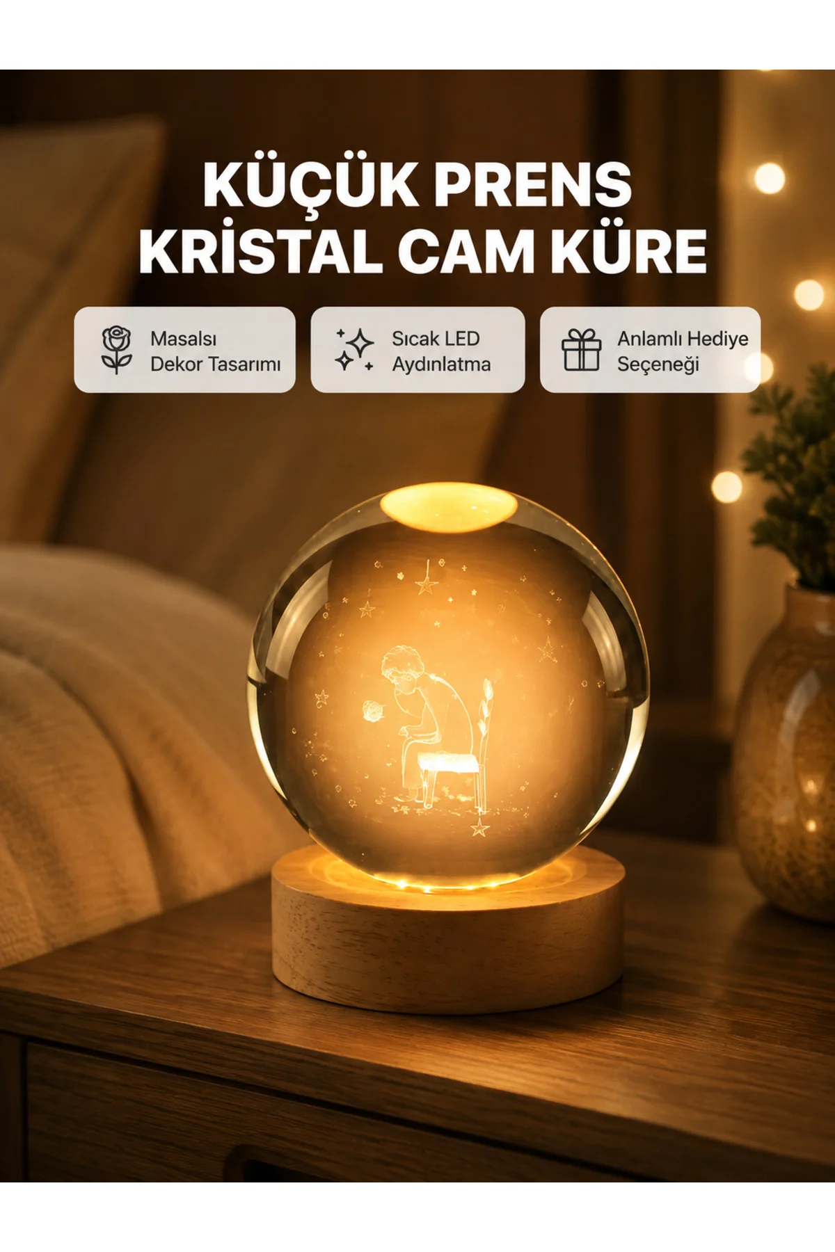 8 Cm Küçük Prens Cam Küre Usb Işıklı Ahşap Tabanlı Dekor 8 Cm Küçük Prens Cam Küre Usb Işıklı Ahşap Tabanlı Dekor