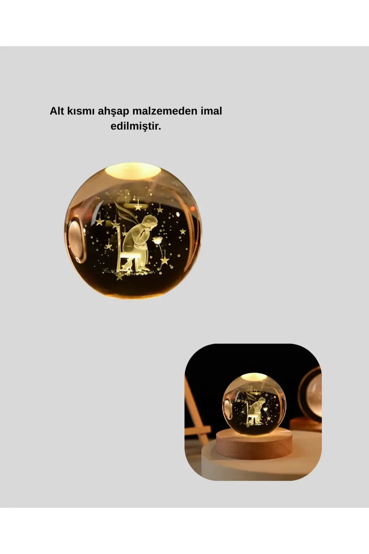 8 cm Küçük Prens Cam Küre USB Işıklı Ahşap Tabanlı Dekor