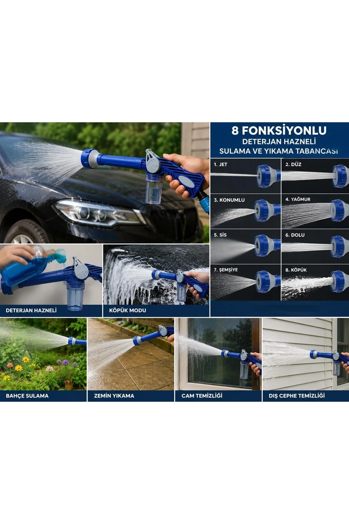 8 Fonksiyonlu Sulama ve Yıkama Tabancası, Deterjan Hazneli, Jet, Sis, Köpük ve Yağmur Modları 8 Fonksiyonlu Sulama ve Yıkama Tabancası, Deterjan Hazneli, Jet, Sis, Köpük ve Yağmur Modları - Görsel 2
