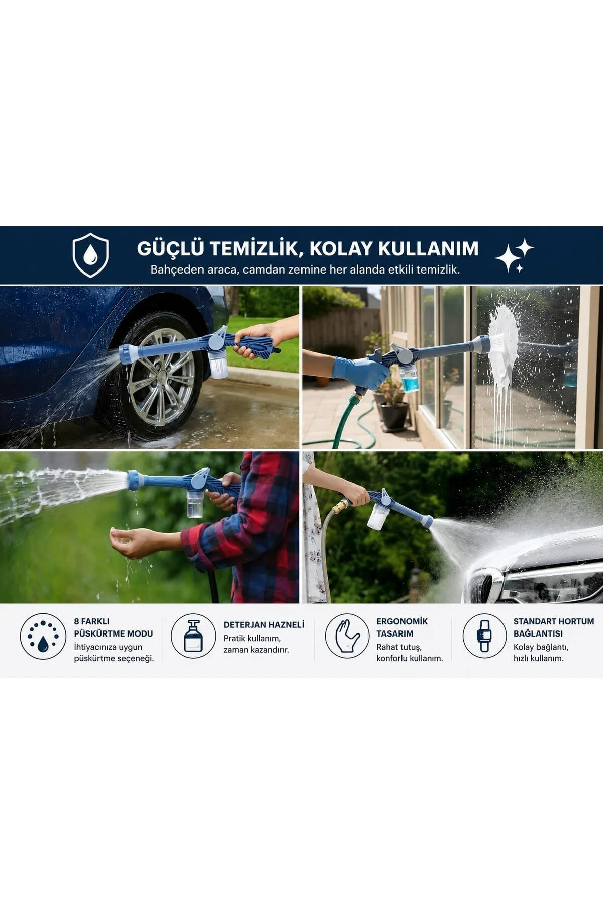8 Fonksiyonlu Sulama ve Yıkama Tabancası, Deterjan Hazneli, Jet, Sis, Köpük ve Yağmur Modları 8 Fonksiyonlu Sulama ve Yıkama Tabancası, Deterjan Hazneli, Jet, Sis, Köpük ve Yağmur Modları - Görsel 3
