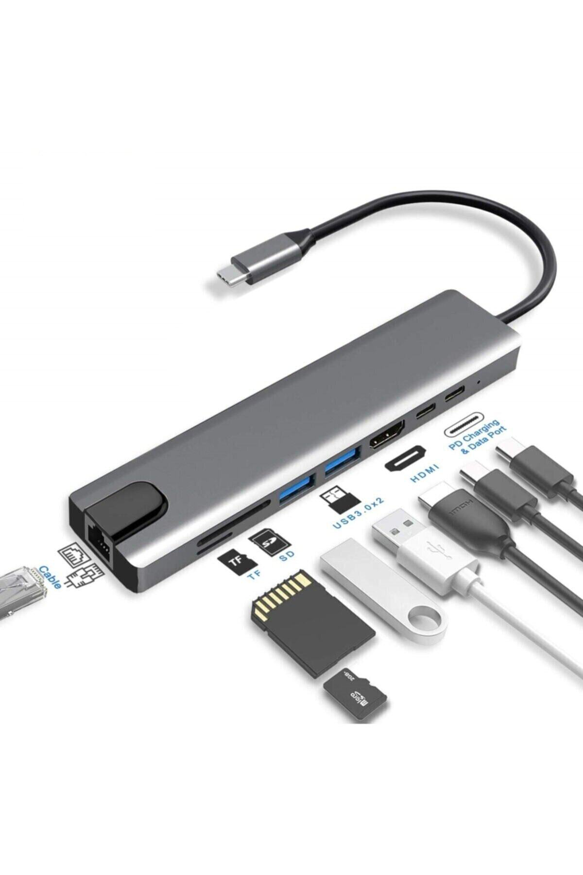 8 In 1 Ethernet Sd Usb Type C Portlu Hub Hdmı Girişli Macbook Uyu