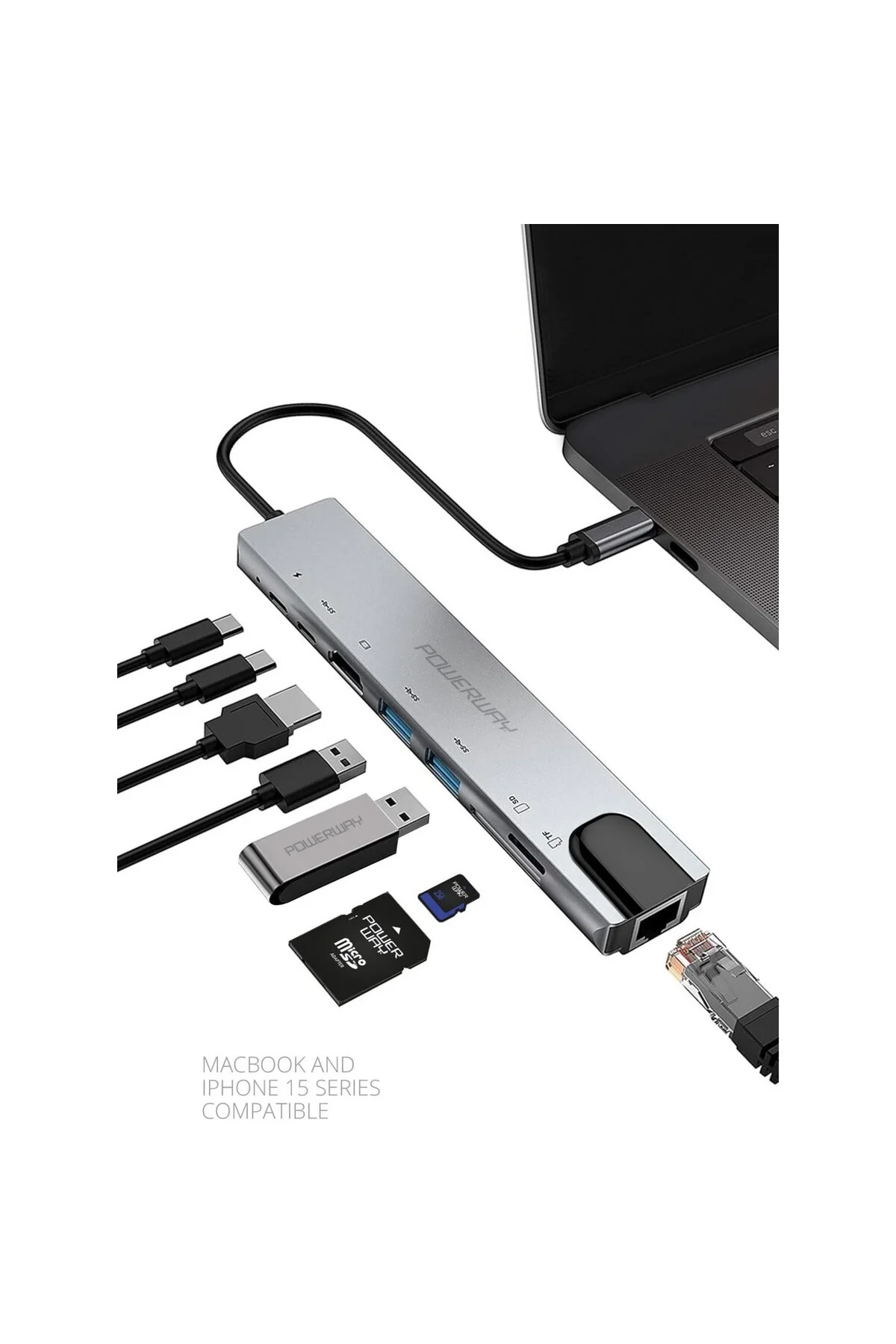 8 in 1 Type-C Hub Dönüştürücü 4K Hdmi USB Micro Sd Gigabyte Ether