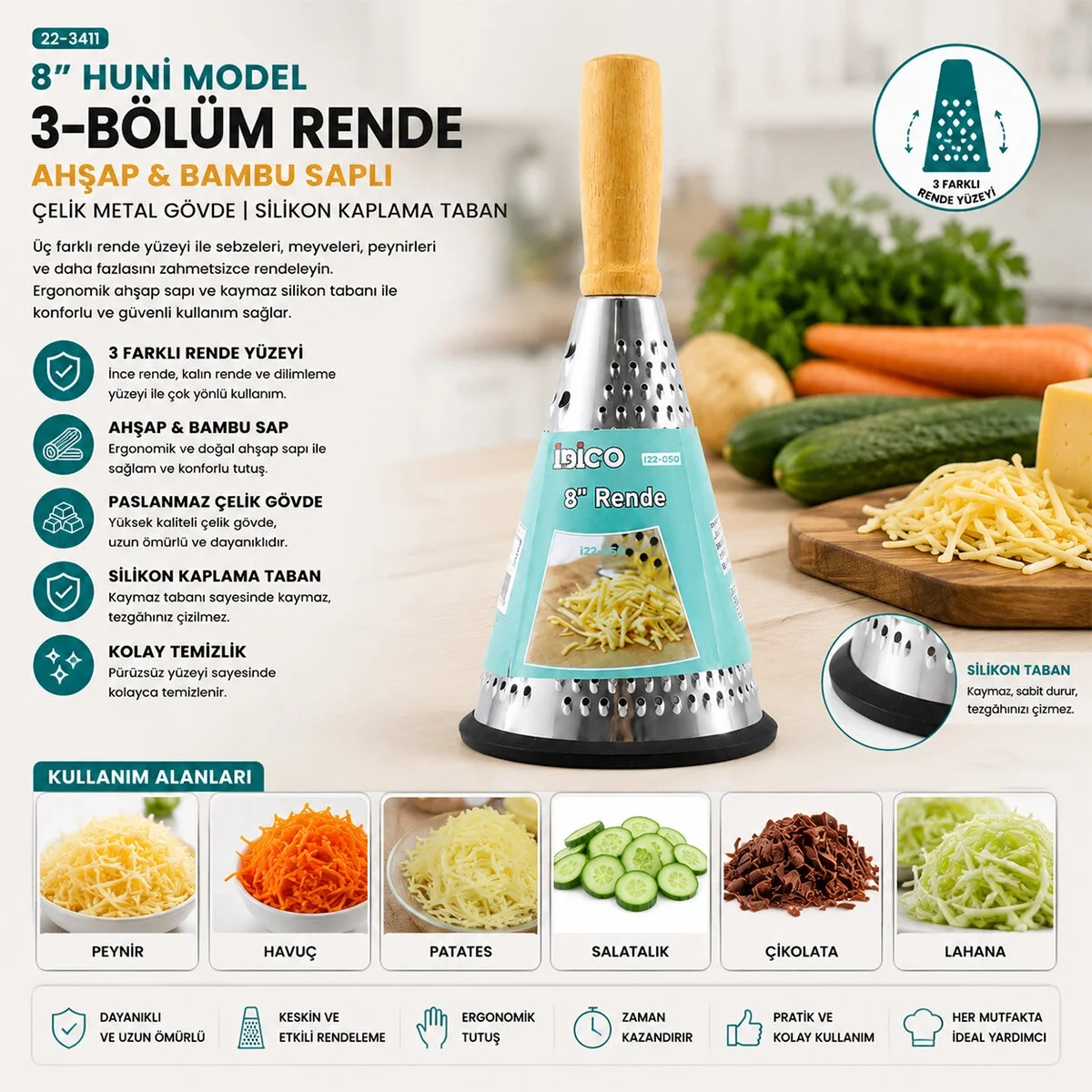 8 İnç - Huni Model   Ahşap - Bambu Saplı  Metal Rende  Silikon Tabanlı Bx40 Fiyatı, Yorumları ve Özellikleri