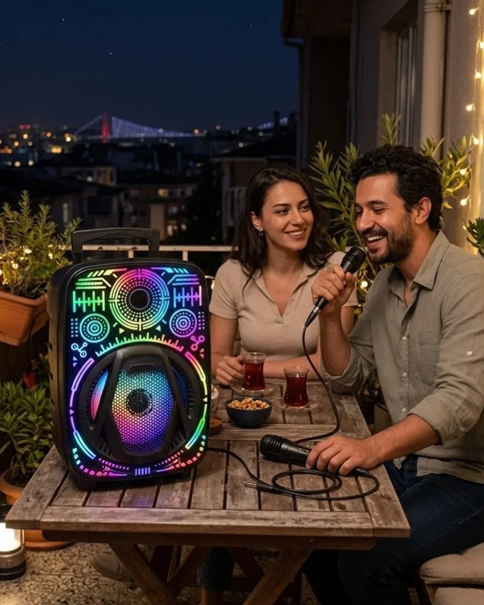 8 Inç RGB Işıklı Taşınabilir Bluetooth Speaker Karaoke Mikrofonlu Ses Sistemi