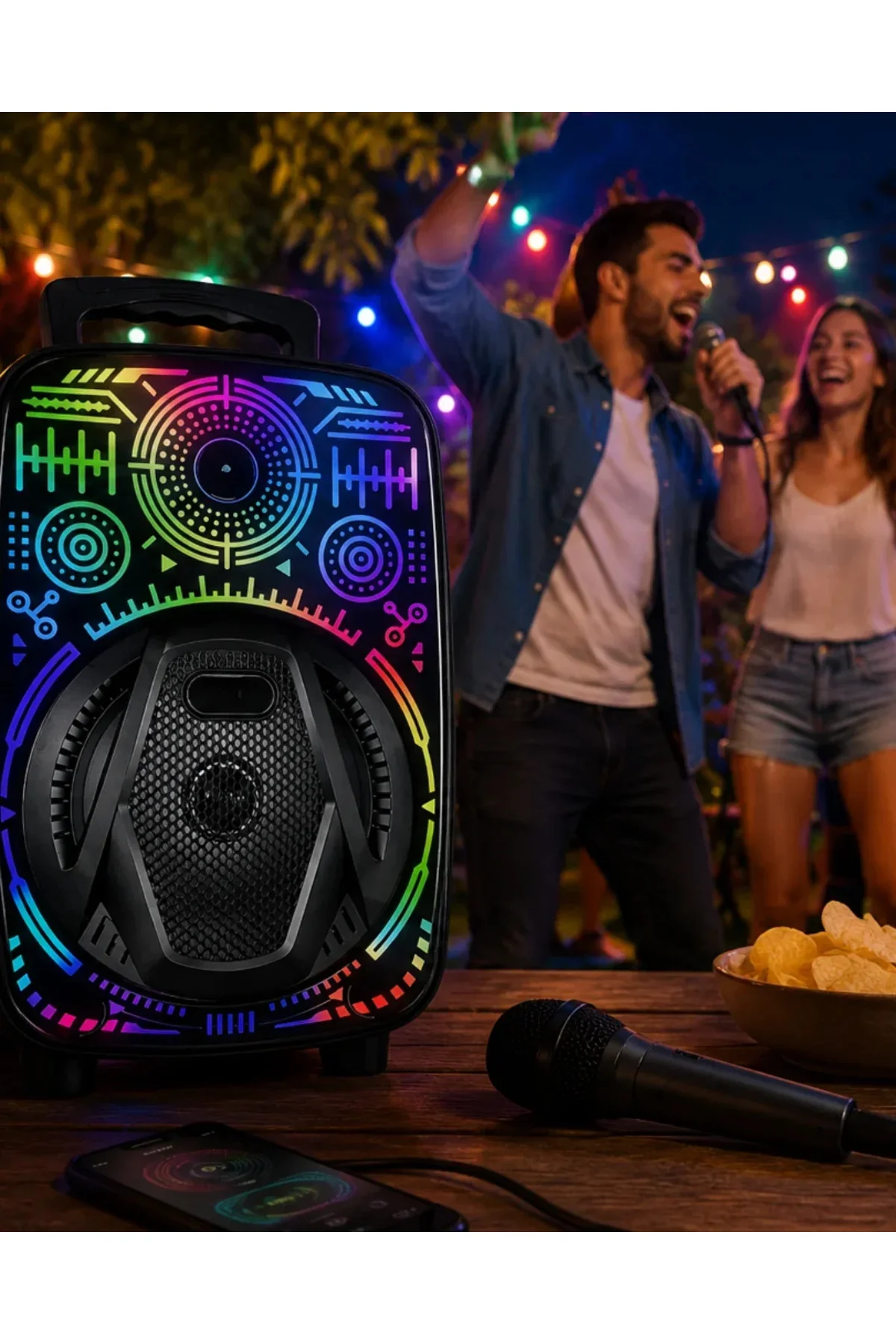 8 İnç Taşınabilir Karaoke Hoparlör krofonlu RGB Işıklı Bluetooth Speaker