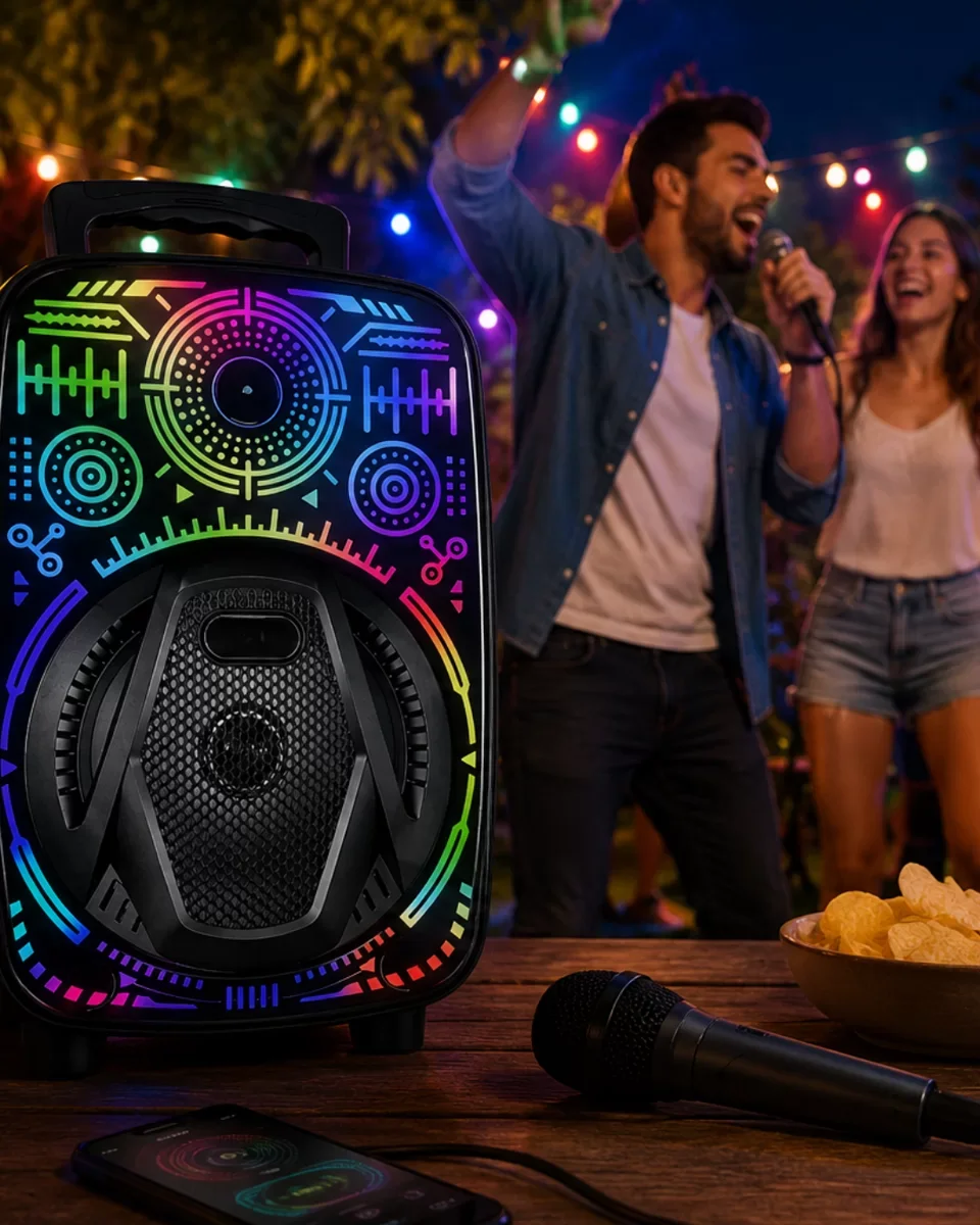 8 İnç Taşınabilir Karaoke Hoparlör - RGB Işıklı Bluetooth Speaker, Mikrofonlu Ev İçi Müzik Sistemi