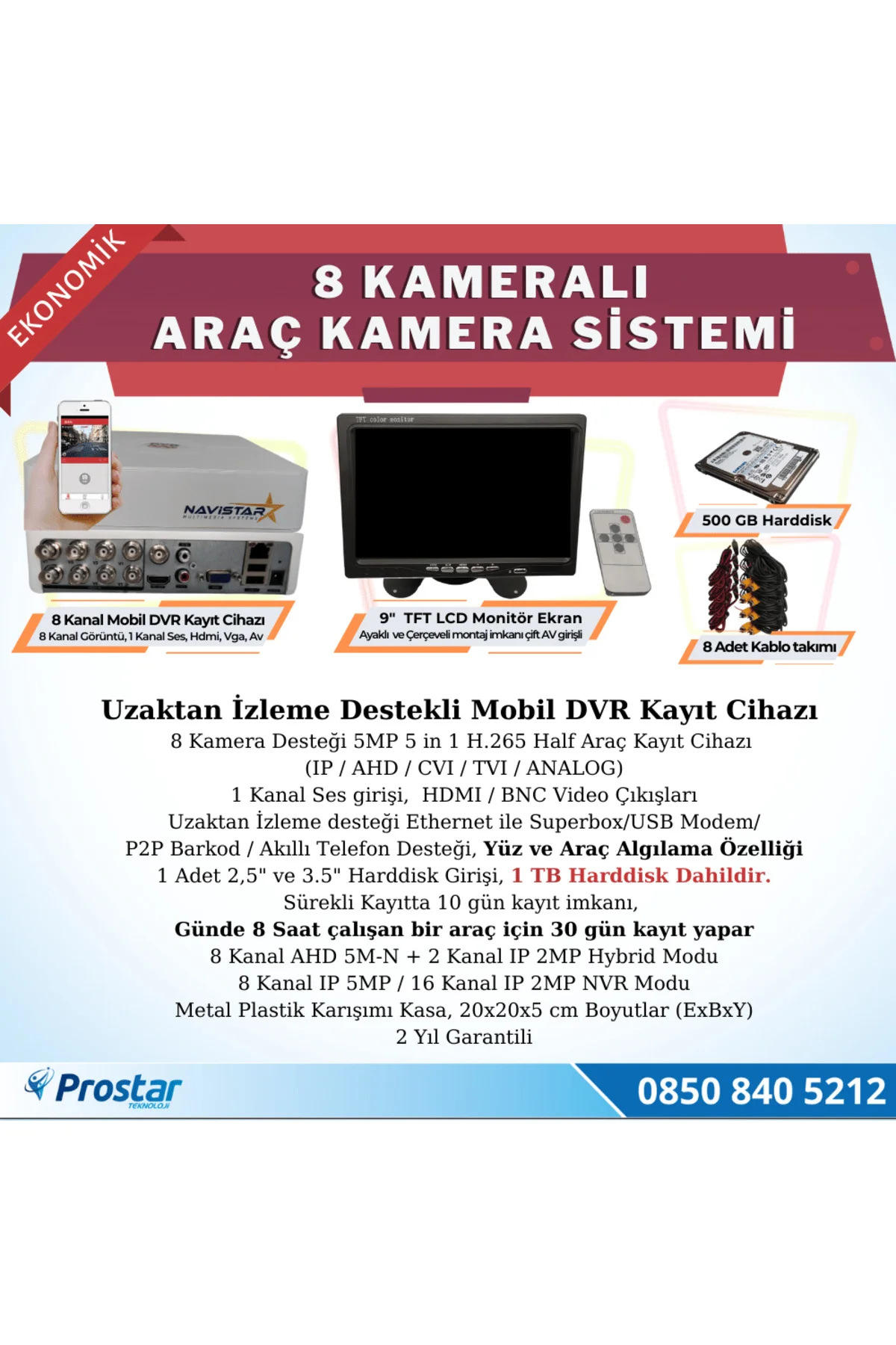 8 Kameralı Kayıtlı 1 Tb Hdd 9 Inç Ekranlı Uzaktan Izlemeli Tak Ku