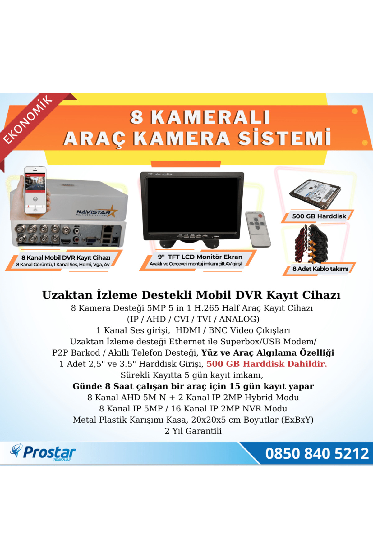 Navistar 8 Kameralı Kayıtlı 500 Gb Hdd 9 İnç Ekranlı Uzaktan İzlemeli Tak
