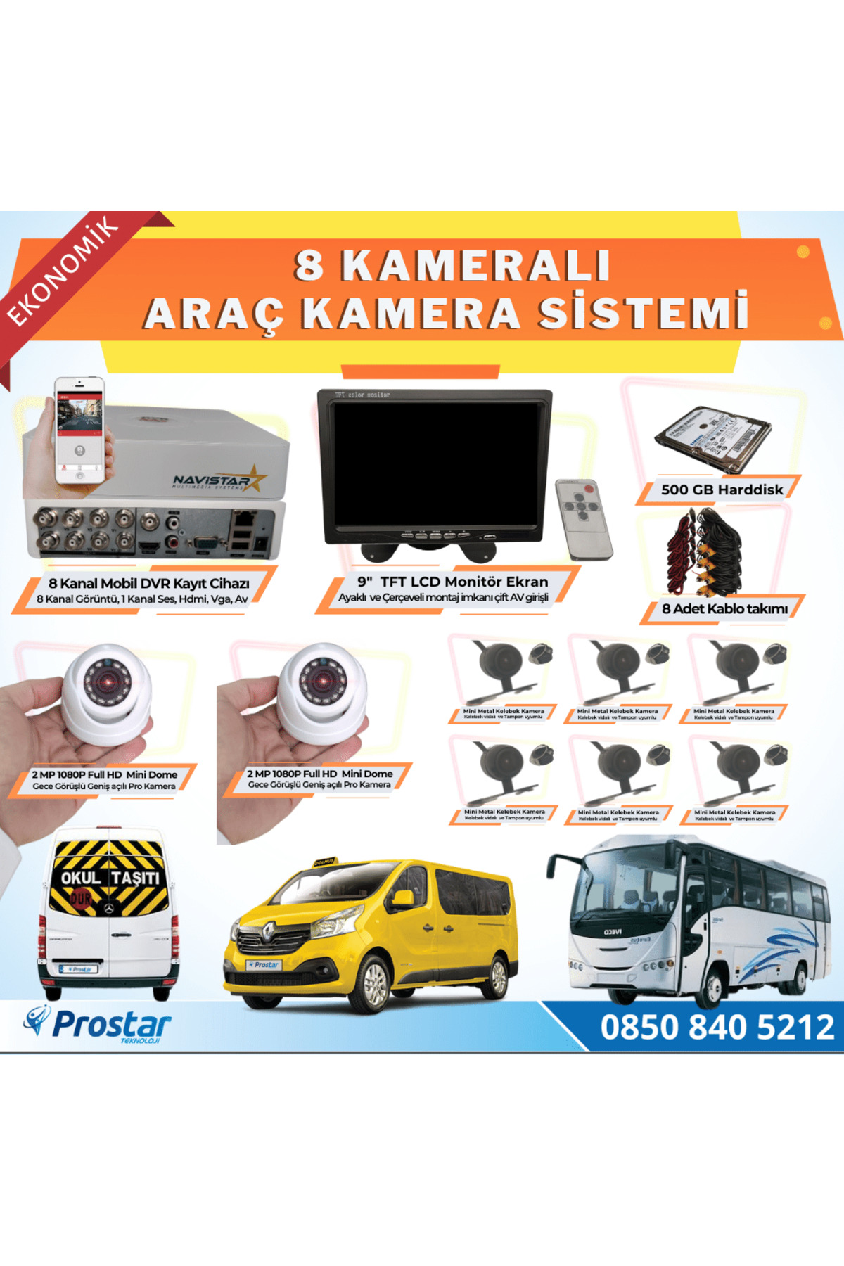 Navistar 8 Kameralı Kayıtlı 500 Gb Hdd 9 İnç Ekranlı Uzaktan İzlemeli Tak