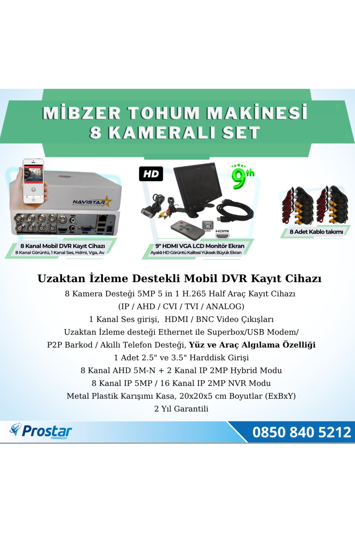 Navistar 8 Kameralı Mibzer Havalı Tohum Makinesi 9 İnç Hdmi Monitörlü Kame