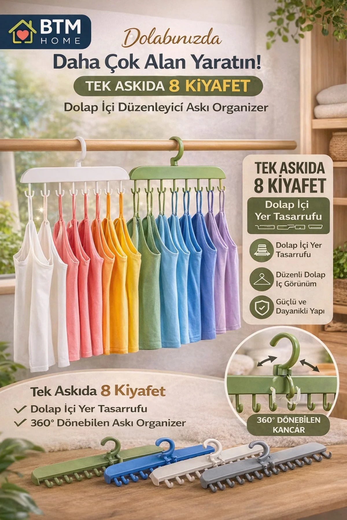 8 Kancalı Dolap İçi Askı Organizer 360° Döner Çok Amaçlı Elbise Ç