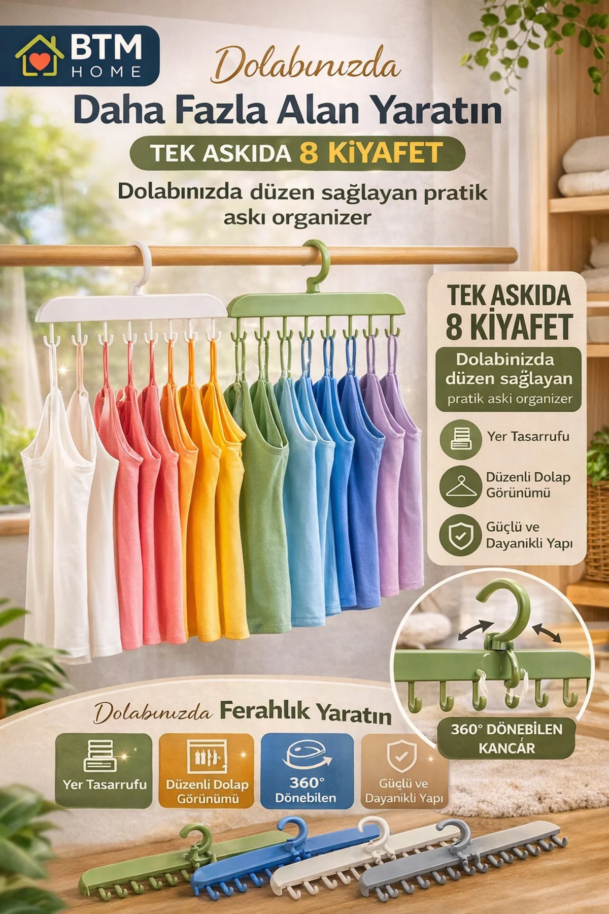 8 Kancalı Dolap İçi Askı Organizer Döner Askı Yer Tasarruflu Çok 