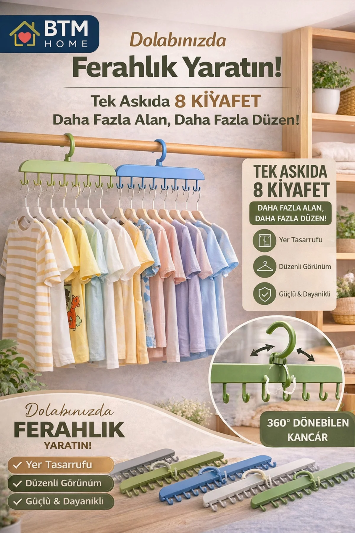 8 Kancalı Dolap İçi Askı Organizer Döner Askı Yer Tasarruflu Çok Amaçlı Kıyafet Askısı