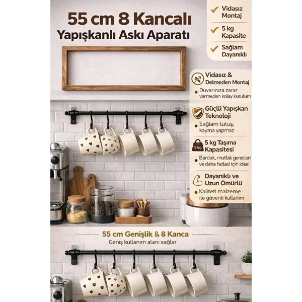 8 Kancalı Yapışkanlı Askı Aparatı