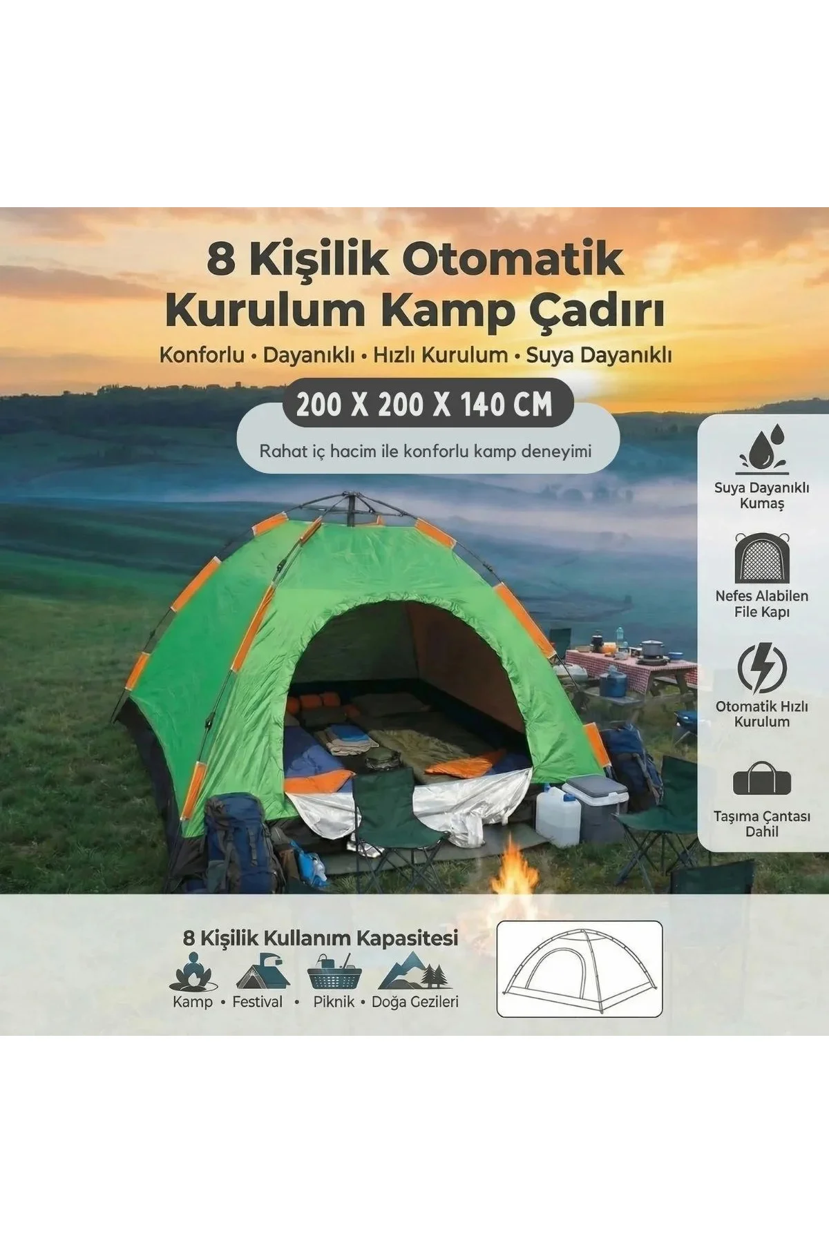 8 Kişilik Otomatik Kurulum Kamp Çadırı – Outdoor, Suya Dayanıklı Hızlı Kurulum Piknik ve Doğa İçin G 8 Kişilik Otomatik Kurulum Kamp Çadırı – Outdoor, Suya Dayanıklı Hızlı Kurulum Piknik ve Doğa İçin G